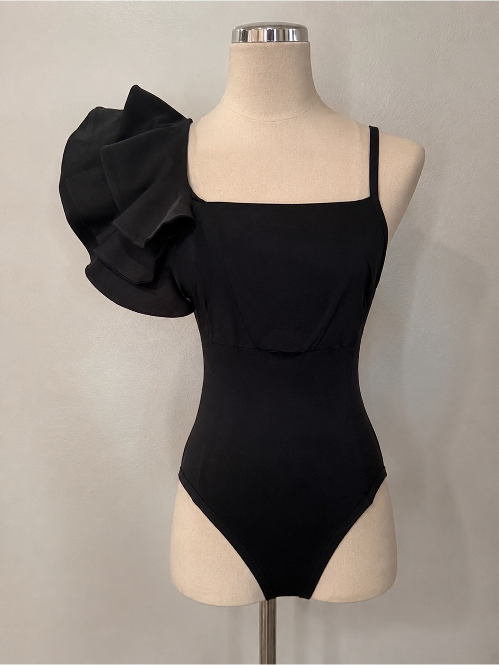 Black One Shoulder Ruffle Bodysuit Size S